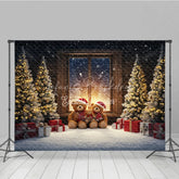 Lofaris Cozy Teddy Bear Family Christmas Photography Backdrop Snowy Window Scene Holiday Mini Session Background