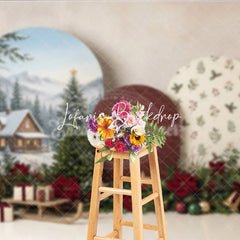 Lofaris Cozy Winter Cabin and Snowy Pine Trees Christmas Holiday Backdrop Festive Poinsettia Gifts Sled Decor