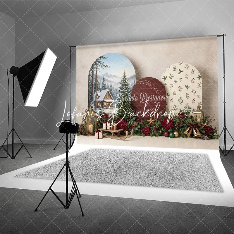Lofaris Cozy Winter Cabin and Snowy Pine Trees Christmas Holiday Backdrop Festive Poinsettia Gifts Sled Decor