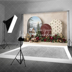 Lofaris Cozy Winter Cabin and Snowy Pine Trees Christmas Holiday Backdrop Festive Poinsettia Gifts Sled Decor