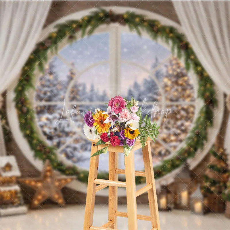 Lofaris Cozy Winter Holiday Backdrop with Round Window Snowy Forest and Festive Christmas Tree Decorations
