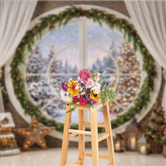 Lofaris Cozy Winter Holiday Backdrop with Round Window Snowy Forest and Festive Christmas Tree Decorations