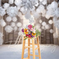 Lofaris Cozy Winter Room Backdrop Hanging Snowflakes Wooden Shelves Ladder Warm Light Photo Background