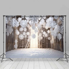 Lofaris Cozy Winter Room Backdrop Hanging Snowflakes Wooden Shelves Ladder Warm Light Photo Background