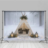 Lofaris Cozy Winter Teepee in Snowy Forest Photography Backdrop Boho Tent with Plaid Pillows Holiday Photo Session
