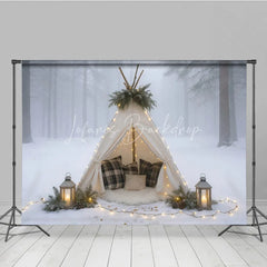 Lofaris Cozy Winter Teepee in Snowy Forest Photography Backdrop Boho Tent with Plaid Pillows Holiday Photo Session