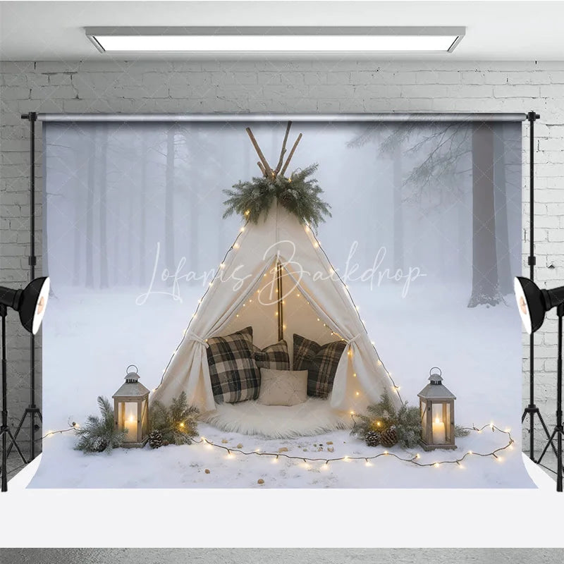 Lofaris Cozy Winter Teepee in Snowy Forest Photography Backdrop Boho Tent with Plaid Pillows Holiday Photo Session