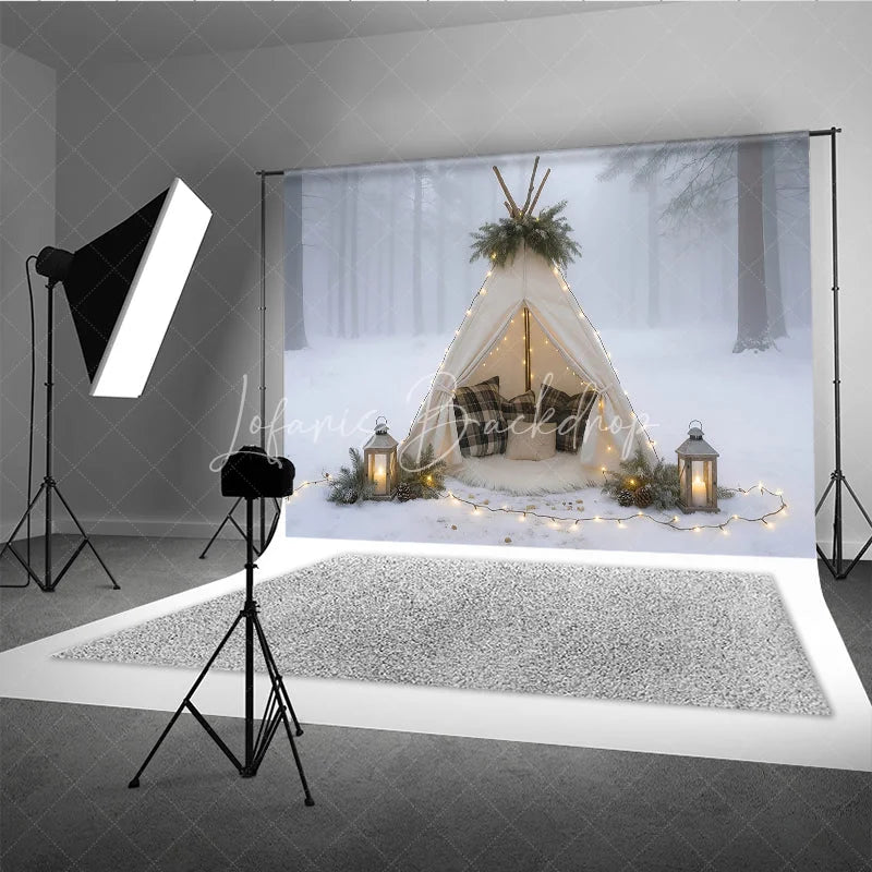 Lofaris Cozy Winter Teepee in Snowy Forest Photography Backdrop Boho Tent with Plaid Pillows Holiday Photo Session