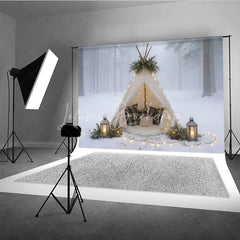 Lofaris Cozy Winter Teepee in Snowy Forest Photography Backdrop Boho Tent with Plaid Pillows Holiday Photo Session