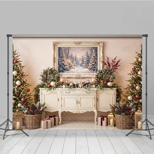 Lofaris Cozy Winter Wonderland Holiday Backdrop Decorated Christmas Trees Snowy Forest Painting and Festive Garlands