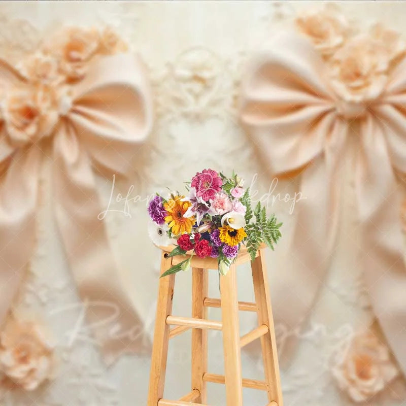 Lofaris Cream Beige Bow 3D Floral Photography Backdrop Luxury Wedding Relief Flower Background