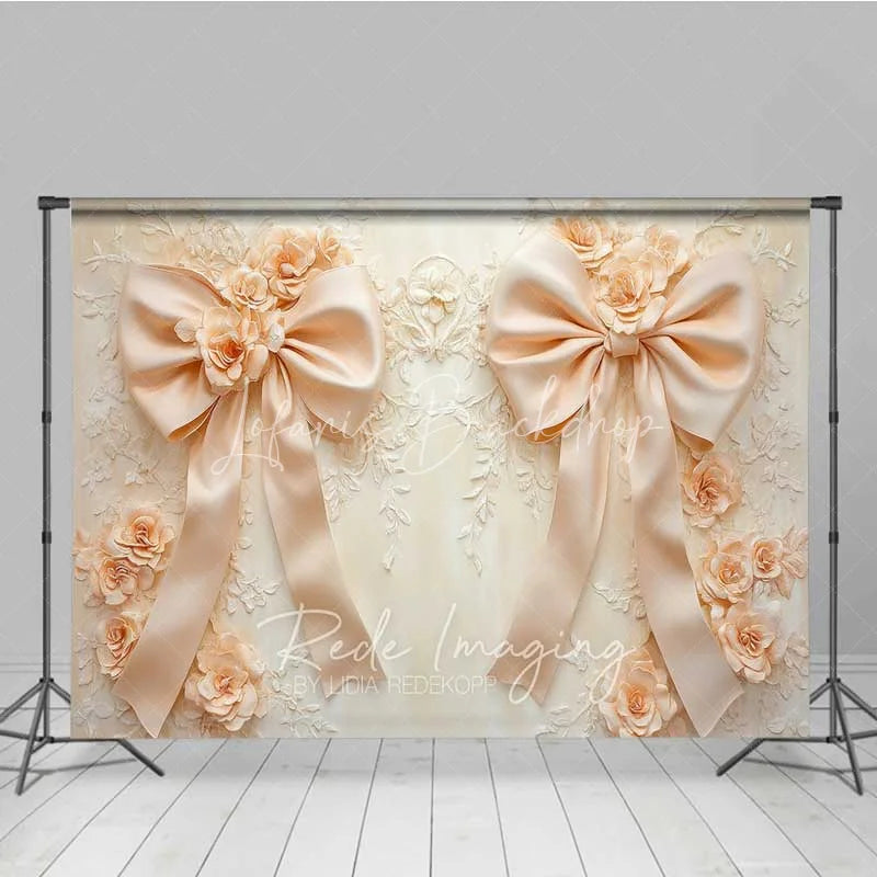 Lofaris Cream Beige Bow 3D Floral Photography Backdrop Luxury Wedding Relief Flower Background