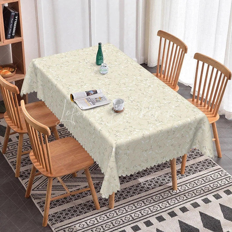 Lofaris Cream Beige Floral Rectangle Tablecloth Simple White Branch Pattern for Farmhouse Kitchen Dining Decor