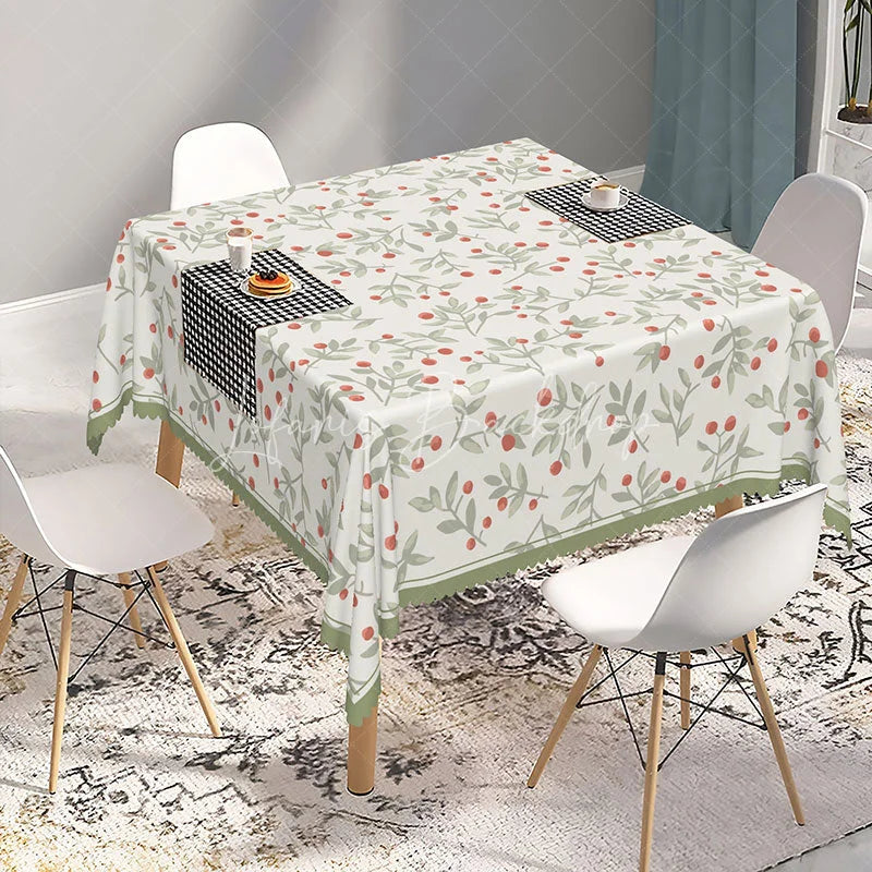 Lofaris Cream Botanical Rectangle Tablecloth with Red Berries and Green Leaves Elegant Scalloped Edge Dining Decor