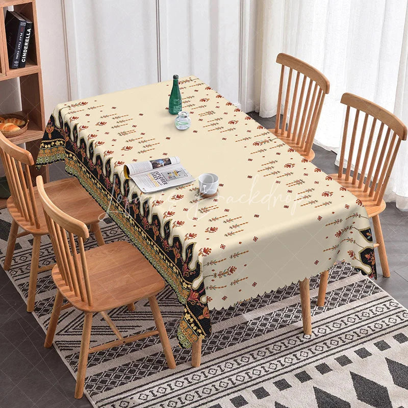 Lofaris Cream Ethnic Boho Border Rectangle Tablecloth Red Orange Tribal Pattern Traditional Dining Table Cover Decoration