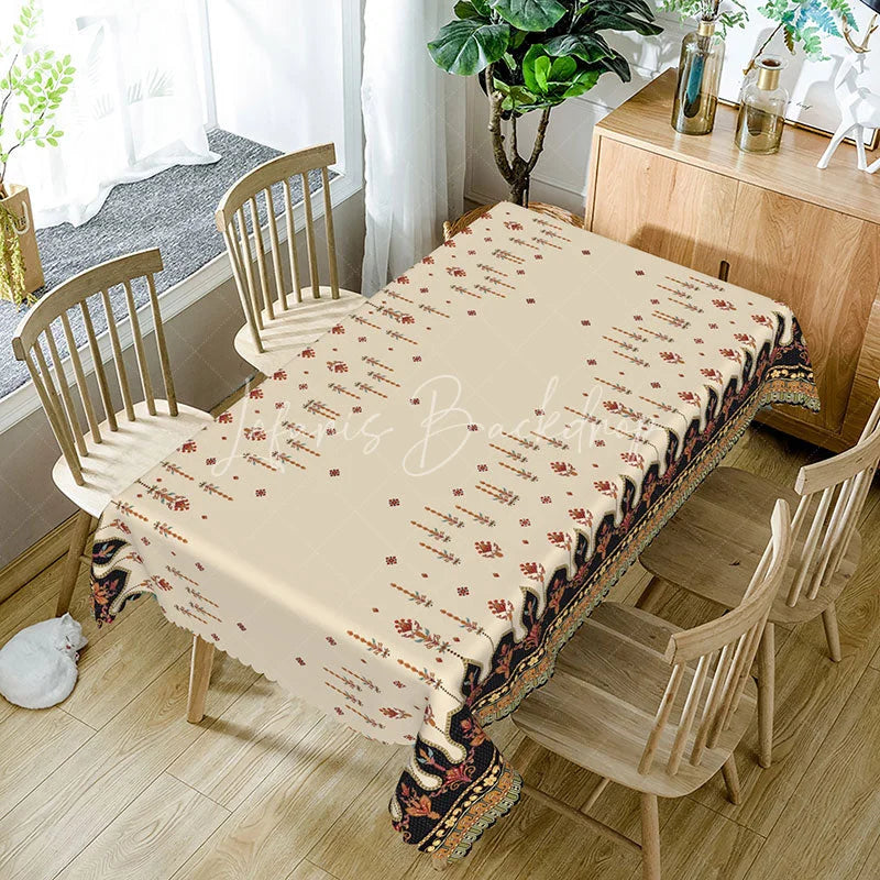 Lofaris Cream Ethnic Boho Border Rectangle Tablecloth Red Orange Tribal Pattern Traditional Dining Table Cover Decoration