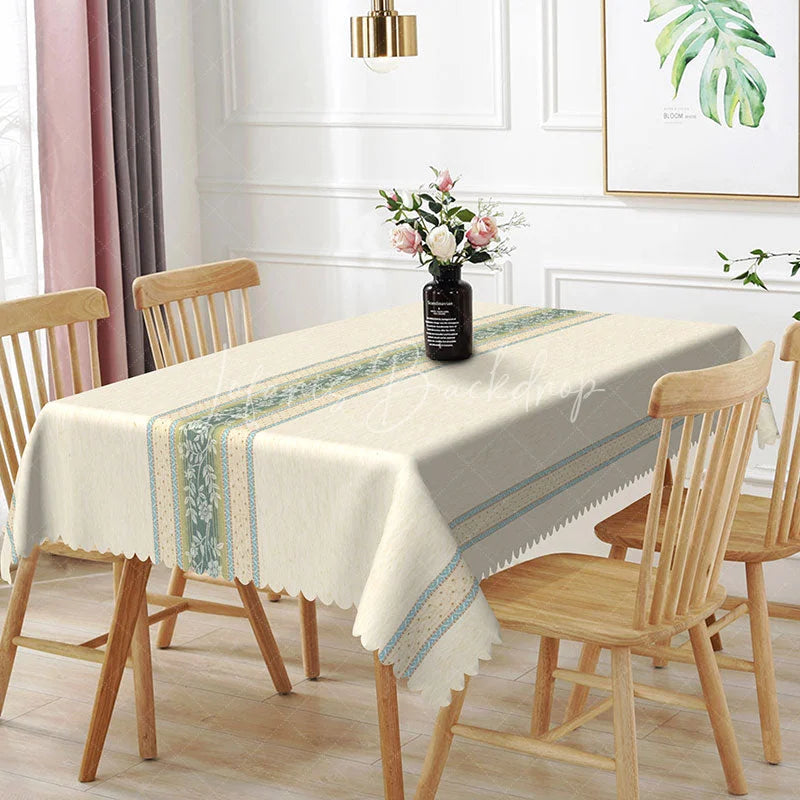 Lofaris Cream Texture Teal Floral Center Striped Rectangle Tablecloth Classic Dining Decor Washable Kitchen Table Cover