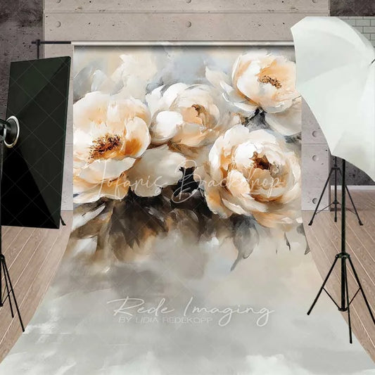 Lofaris Cream White Peony Sweep Photo Backdrop Vintage Oil Painting Floral Background Elegant Flower Floor Prop