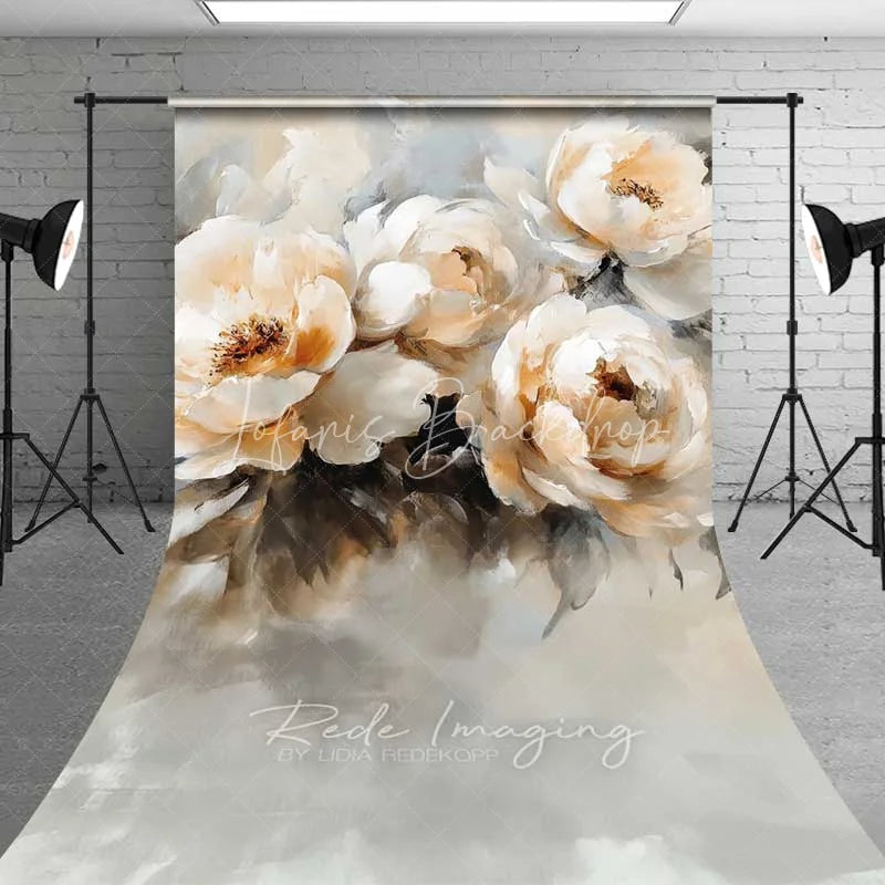 Lofaris Cream White Peony Sweep Photo Backdrop Vintage Oil Painting Floral Background Elegant Flower Floor Prop