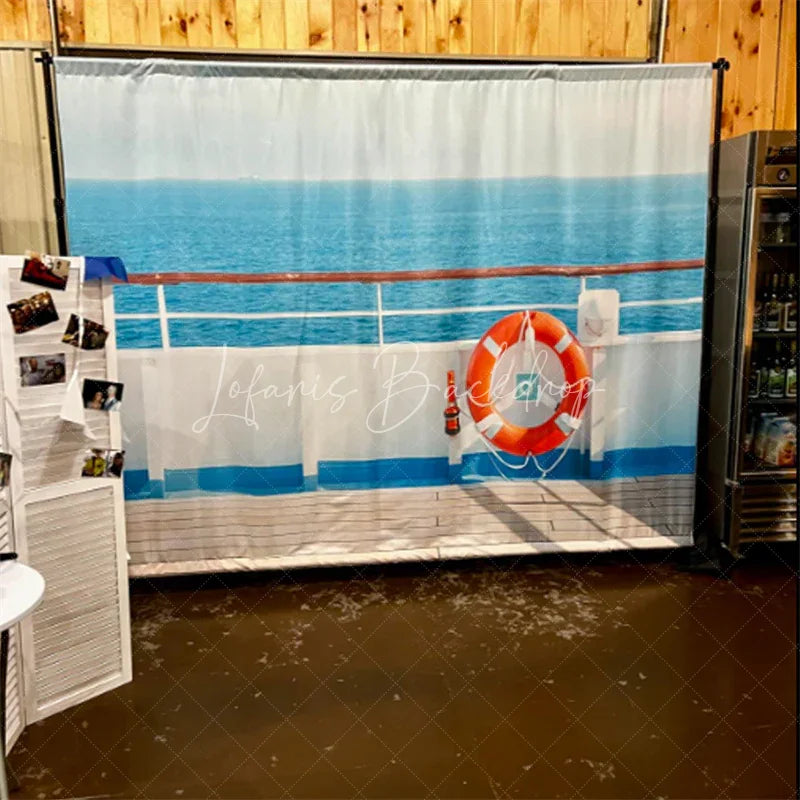 Lofaris Cruise Ship Deck Summer Backdrop Red Life Ring and Blue Ocean View Photo Background for Vacation Party