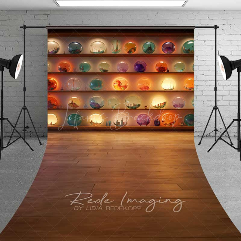 Lofaris Crystal Ball Shop Halloween Sweep Photography Backdrop with Floor Shelves of Glowing Orbs Wizard or Fortune Teller Prop