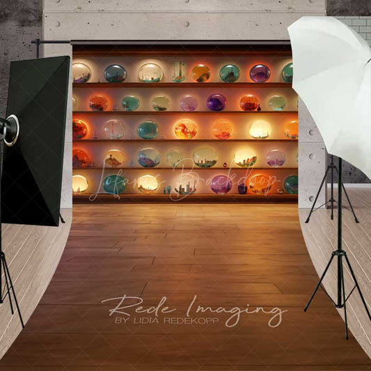 Lofaris Crystal Ball Shop Halloween Sweep Photography Backdrop with Floor Shelves of Glowing Orbs Wizard or Fortune Teller Prop