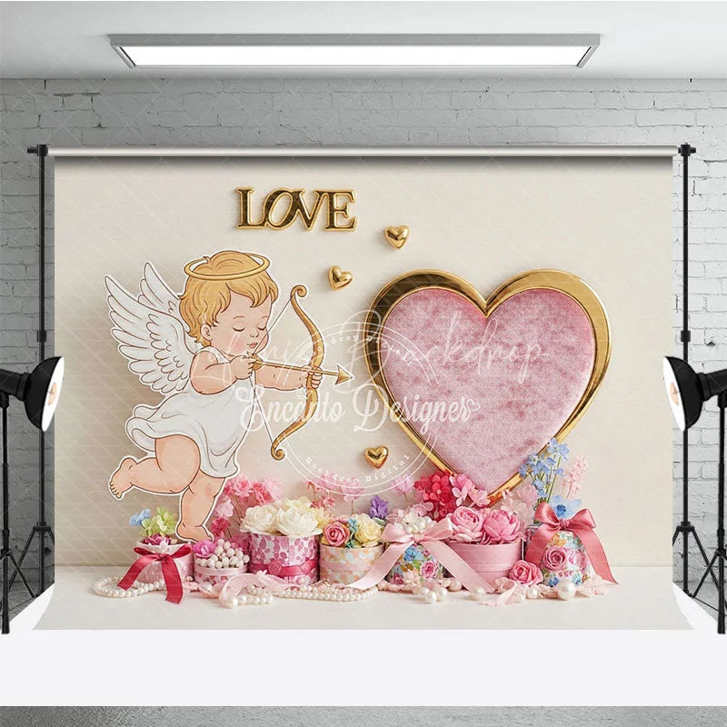 Lofaris Cupid Angel Love Heart Backdrop Gold Frame Pearl Floral Background Valentine Day Photography Prop