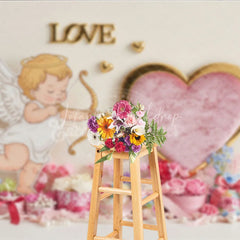 Lofaris Cupid Angel Love Heart Backdrop Gold Frame Pearl Floral Background Valentine Day Photography Prop
