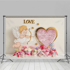 Lofaris Cupid Angel Love Heart Backdrop Gold Frame Pearl Floral Background Valentine Day Photography Prop