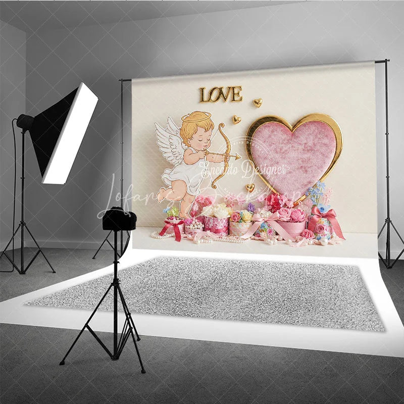 Lofaris Cupid Angel Love Heart Backdrop Gold Frame Pearl Floral Background Valentine Day Photography Prop