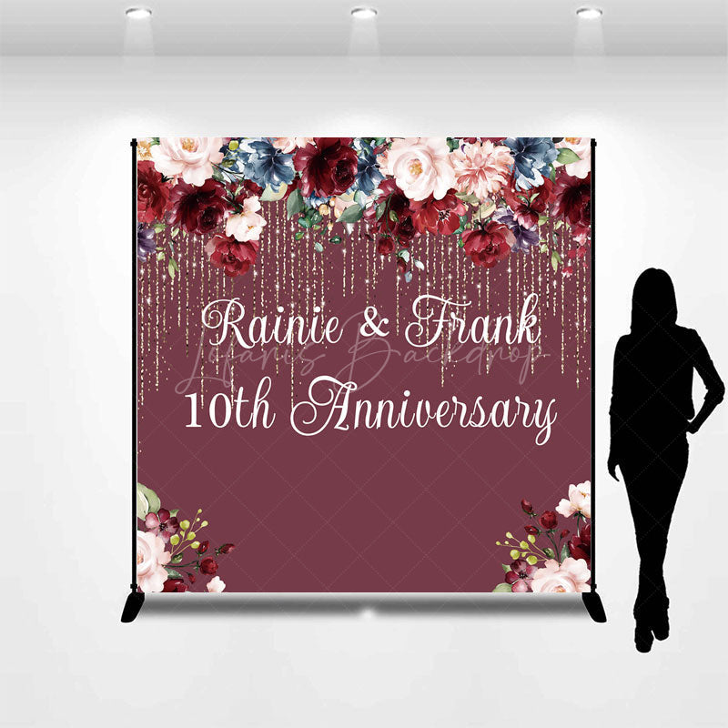 Lofaris Custom 10th Anniversary Party Backdrop Burgundy and Blush Floral with Gold Glitter Personalized Wedding Decor