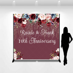 Lofaris Custom 10th Anniversary Party Backdrop Burgundy and Blush Floral with Gold Glitter Personalized Wedding Decor