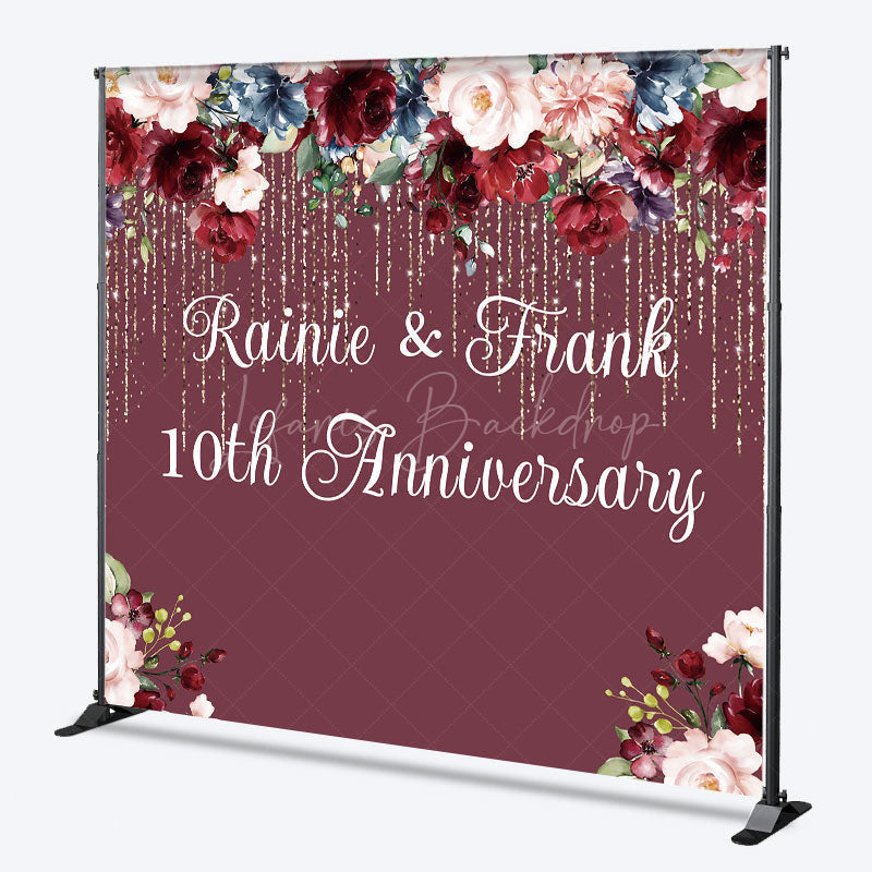 Lofaris Custom 10th Anniversary Party Backdrop Burgundy and Blush Floral with Gold Glitter Personalized Wedding Decor