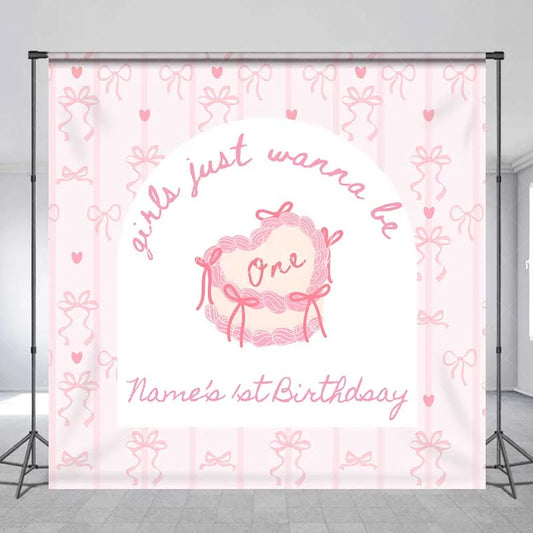 Lofaris Custom 1st Birthday Backdrop Pink Bows Coquette Personalize Name Cute Heart Cake Ribbon Background Girl Party Prop