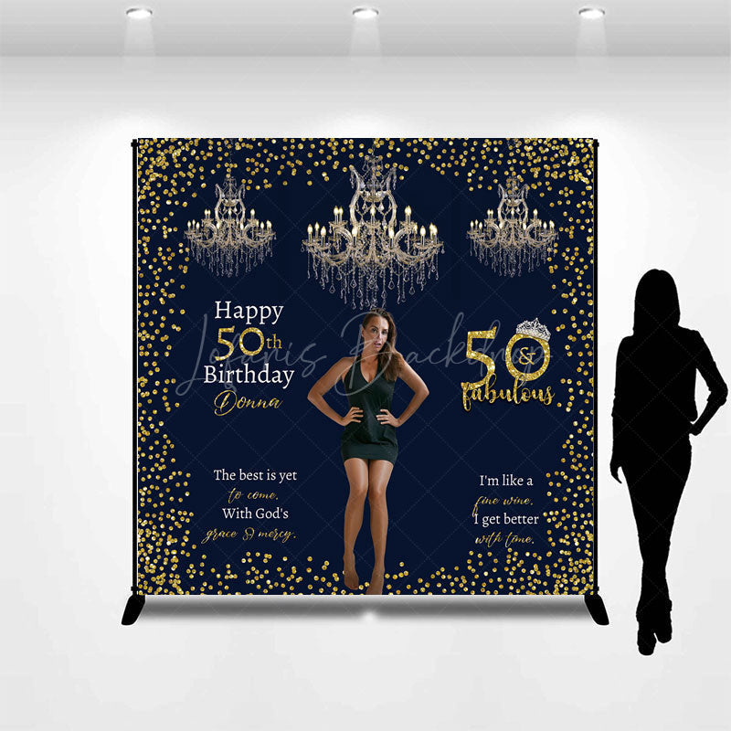 Lofaris Custom 50 and Fabulous Birthday Photo Backdrop Elegant Navy Gold with Chandeliers Personalized Party Decor