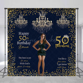 Lofaris Custom 50 and Fabulous Birthday Photo Backdrop Elegant Navy Gold with Chandeliers Personalized Party Decor