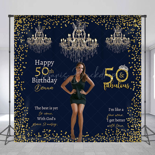 Lofaris Custom 50 and Fabulous Birthday Photo Backdrop Elegant Navy Gold with Chandeliers Personalized Party Decor