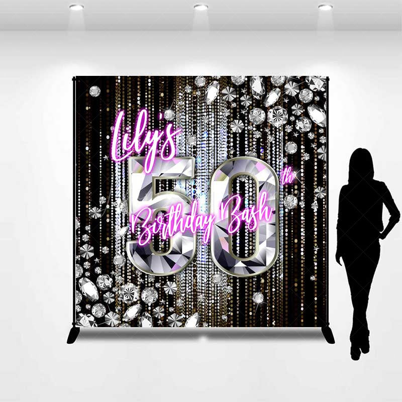 Lofaris Custom 50th Birthday Bash Backdrop for Her Glamorous Pink Neon and Diamonds Fabulous Fifty Party Photo Prop