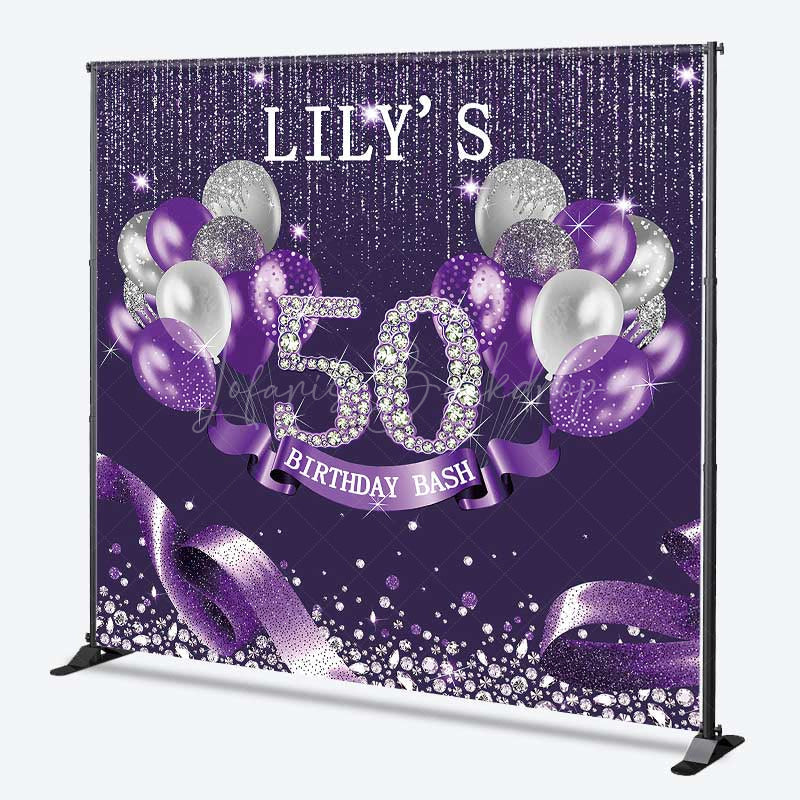 Lofaris Custom 50th Birthday Bash Backdrop for Her Purple and Silver Glitter Balloons Fabulous Fifty Diamond Party Prop