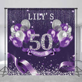 Lofaris Custom 50th Birthday Bash Backdrop for Her Purple and Silver Glitter Balloons Fabulous Fifty Diamond Party Prop