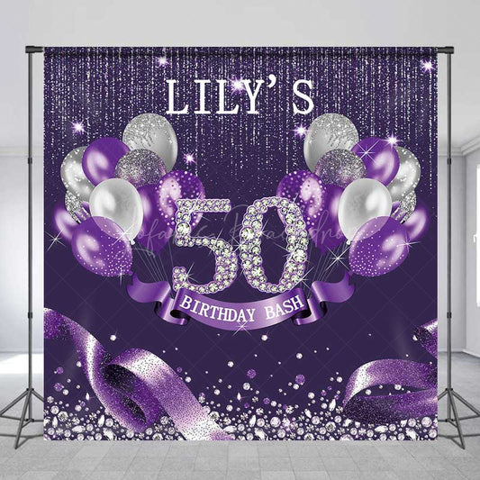 Lofaris Custom 50th Birthday Bash Backdrop for Her Purple and Silver Glitter Balloons Fabulous Fifty Diamond Party Prop