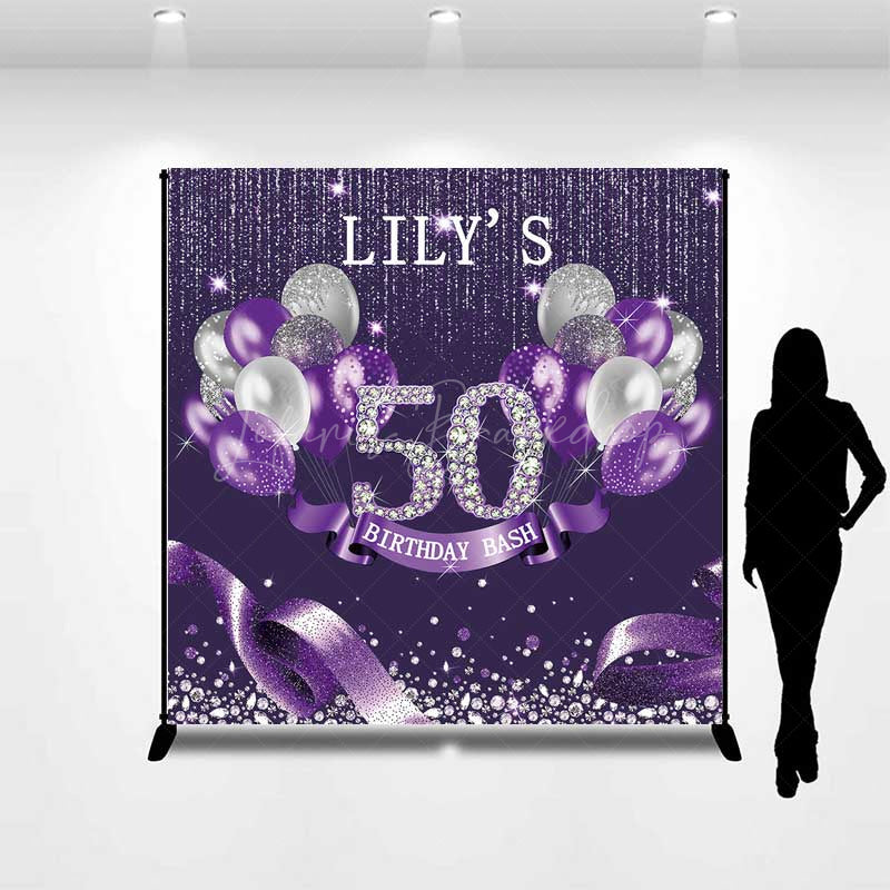 Lofaris Custom 50th Birthday Bash Backdrop for Her Purple and Silver Glitter Balloons Fabulous Fifty Diamond Party Prop