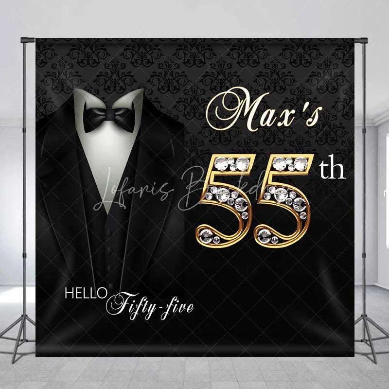 Lofaris Custom 55th Birthday Backdrop Black Tuxedo and Bow Tie with Gold Diamond Numbers Party Background