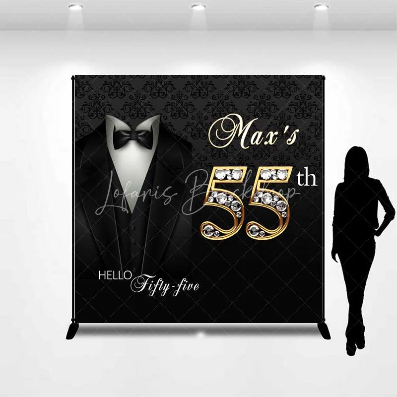 Lofaris Custom 55th Birthday Backdrop Black Tuxedo and Bow Tie with Gold Diamond Numbers Party Background