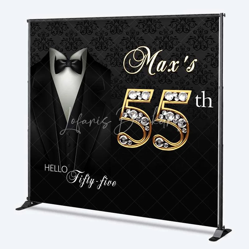 Lofaris Custom 55th Birthday Backdrop Black Tuxedo and Bow Tie with Gold Diamond Numbers Party Background