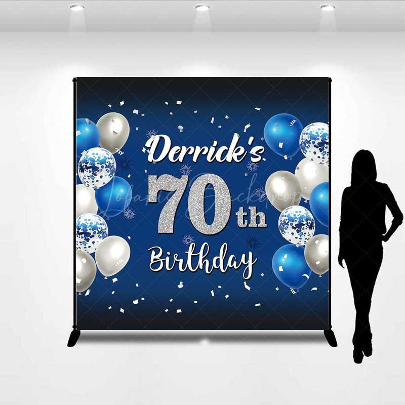 Lofaris Custom 70th Birthday Backdrop Banner Royal Blue and Silver Balloons Personalized Milestone Party Photo Prop