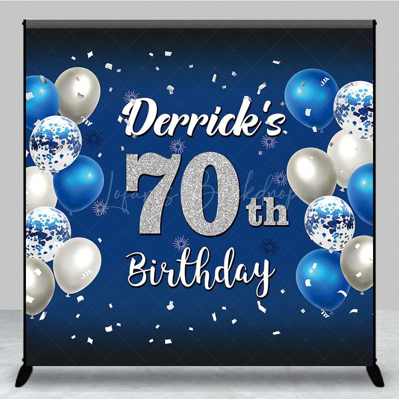 Lofaris Custom 70th Birthday Backdrop Banner Royal Blue and Silver Balloons Personalized Milestone Party Photo Prop