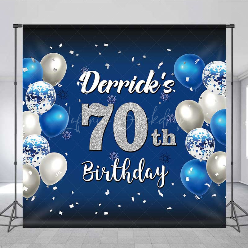 Lofaris Custom 70th Birthday Backdrop Banner Royal Blue and Silver Balloons Personalized Milestone Party Photo Prop