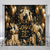 Lofaris Custom 75th Birthday Backdrop for Her Black and Gold Balloons with Roses Elegant Milestone Party Photo Prop