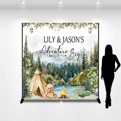 Lofaris Custom Adventure Begins Baby Shower Backdrop Woodland Mountain and Teepee Personalized Camping Theme Welcome Sign